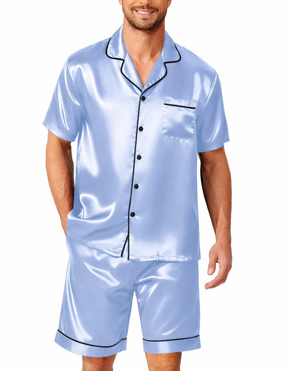 Ekouaer Mens Pajamas Set Silk Satin Pjs Short Sleeve Button Up Lounge Sets
