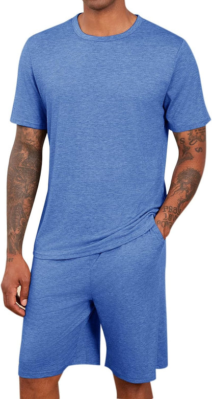 Runcati Mens Pajama Sets Short Sleeve Shirt and Shorts 2 Piece Outfits