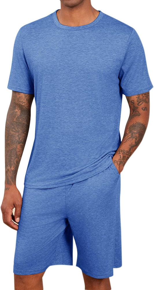 Runcati Mens Pajama Sets Short Sleeve Shirt and Shorts 2 Piece Outfits