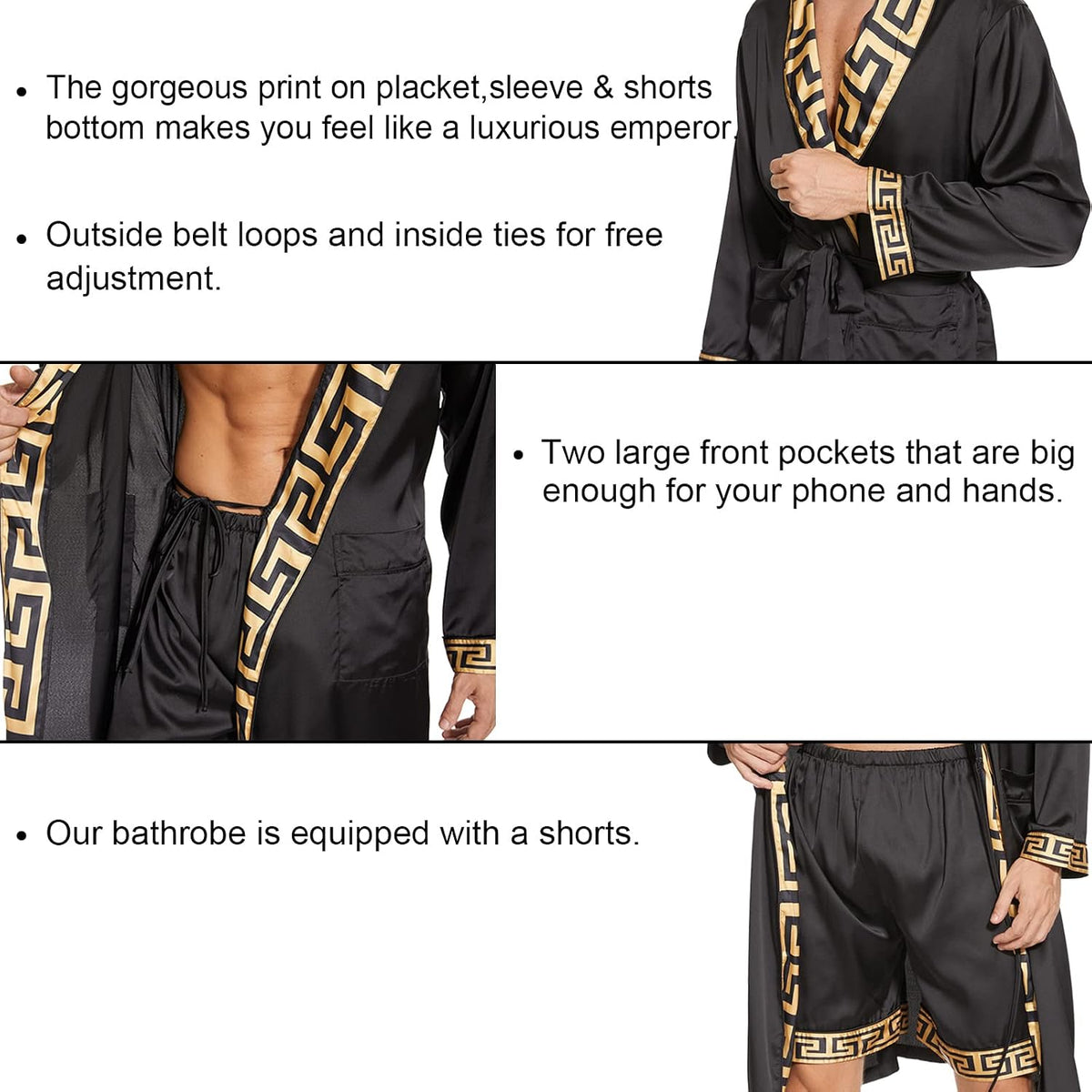N&D Eyong Men's Luxurious Silk Feeling Bathrobes Long Sleeve Satin Kimono Robe with Shorts Sleepwear Set Printed Bathrobes…