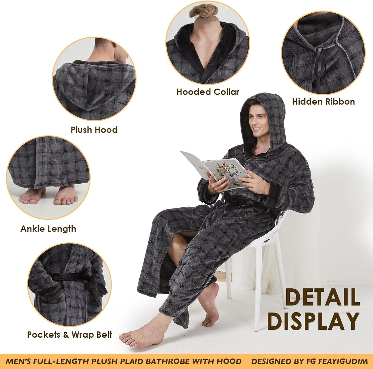 Cozy Plush Fleece Robe for Men, Big and Tall Hooded Long Robe, Warm Loungewear, Shawl Collar Pocketed Bathrobe