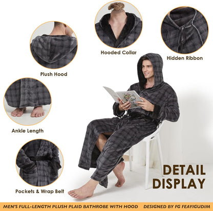 Cozy Plush Fleece Robe for Men, Big and Tall Hooded Long Robe, Warm Loungewear, Shawl Collar Pocketed Bathrobe