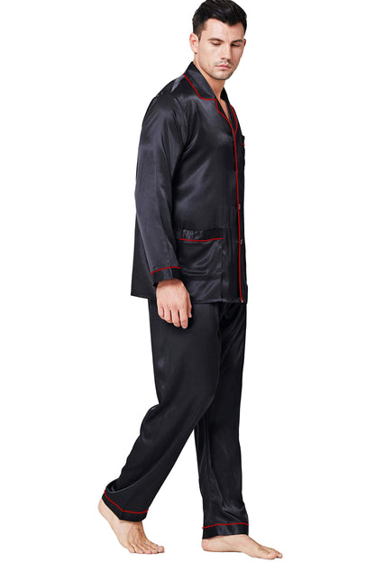 Lonxu Pajamas Set Mens Silk Satin Pajamas Long Sleeve Loungewear Two-Piece Sleepwear Button-Down Pj Set S-XXXXL