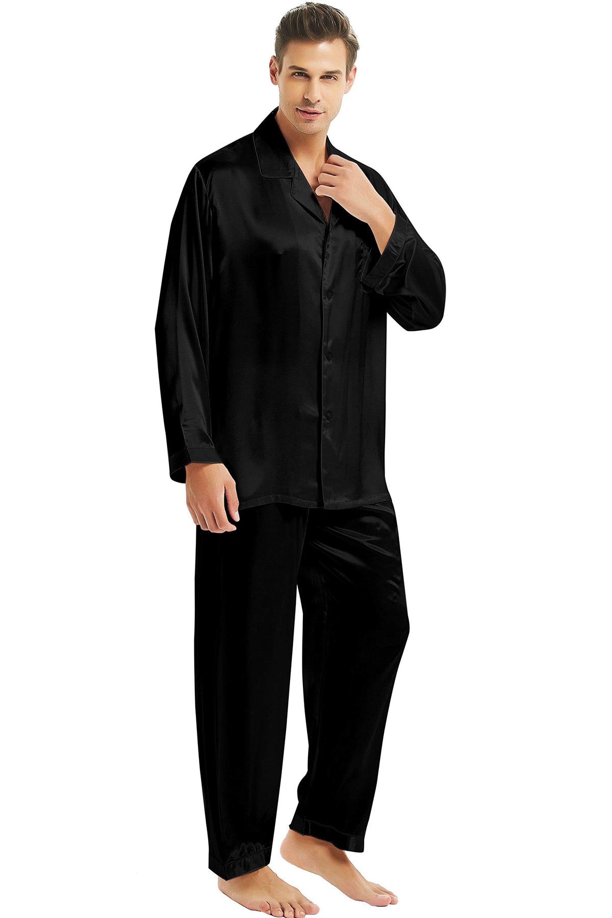 Lonxu Pajamas Set Mens Silk Satin Pajamas Long Sleeve Loungewear Two-Piece Sleepwear Button-Down Pj Set S-XXXXL