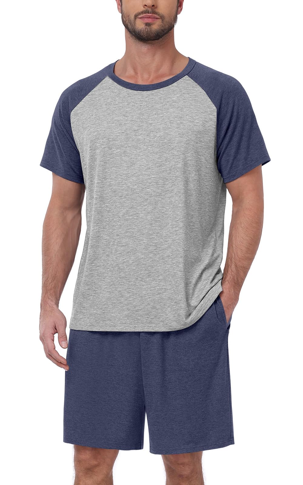 MLXSJ Mens Pajama Set Summer Pjs Sleepwear Soft Sleep Set With Pocket S-3XL