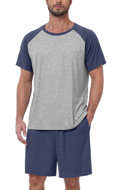 MLXSJ Mens Pajama Set Summer Pjs Sleepwear Soft Sleep Set With Pocket S-3XL