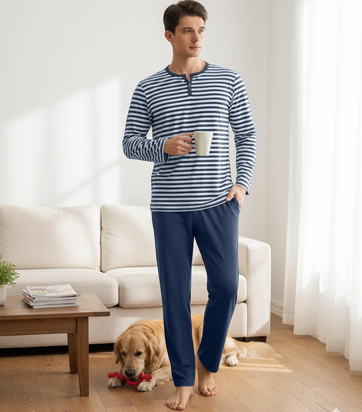 DAVID ARCHY Men's Pajamas Set 100% Combed Cotton Henley Loungewear Relaxed Fit Sleepwear with Pockets