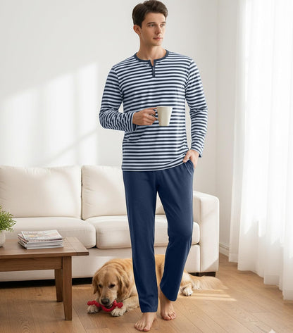 DAVID ARCHY Men's Pajamas Set 100% Combed Cotton Henley Loungewear Relaxed Fit Sleepwear with Pockets