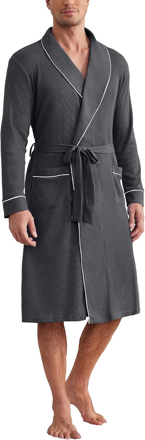 Ekouaer Mens Robes Lightweight Waffle Knit Kimono Bathrobe Long Sleeve Sleepwear Soft Knee Length Robe with Pockets