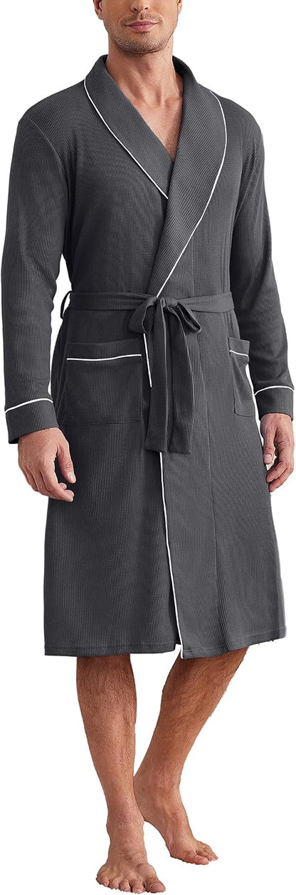 Ekouaer Mens Robes Lightweight Waffle Knit Kimono Bathrobe Long Sleeve Sleepwear Soft Knee Length Robe with Pockets