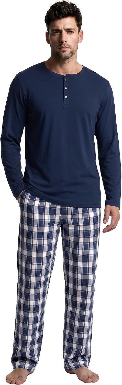 Vulcanodon Mens 100% Cotton Pajamas Set Cozy 2 Piece with Plaid Pants Pjs