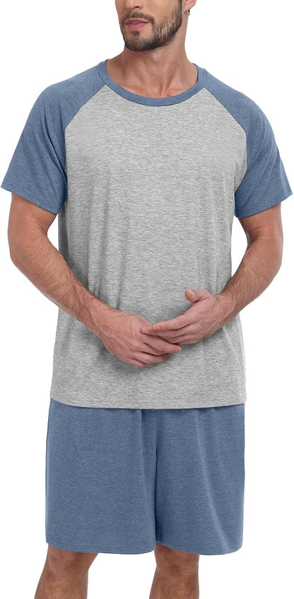 MLXSJ Mens Pajama Set Summer Pjs Sleepwear Soft Sleep Set With Pocket S-3XL