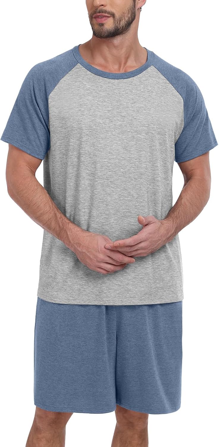 MLXSJ Mens Pajama Set Summer Pjs Sleepwear Soft Sleep Set With Pocket S-3XL