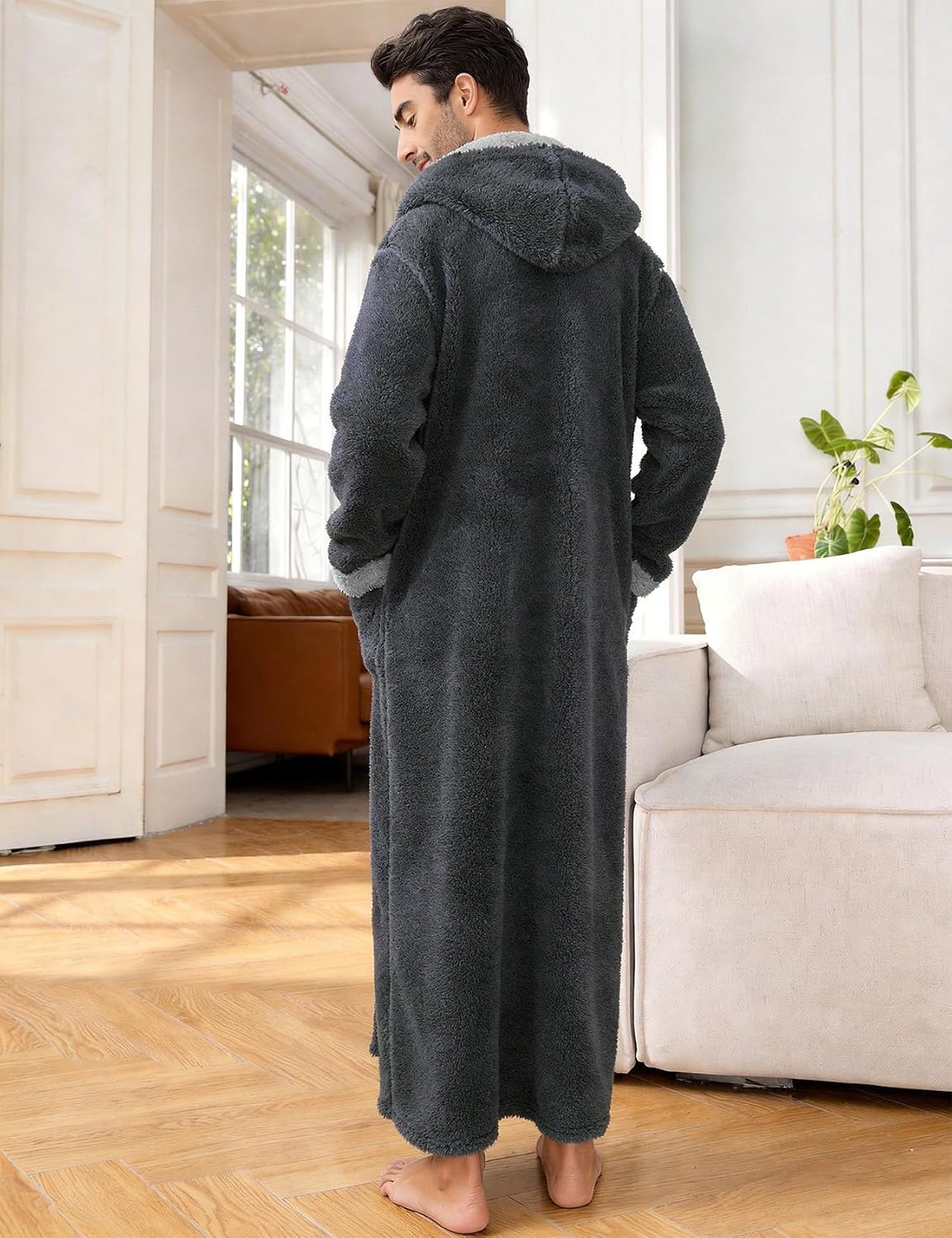 Kissonic Mens Hooded Robe Full Length Plush Warm Fluffy Winter Bathrobe