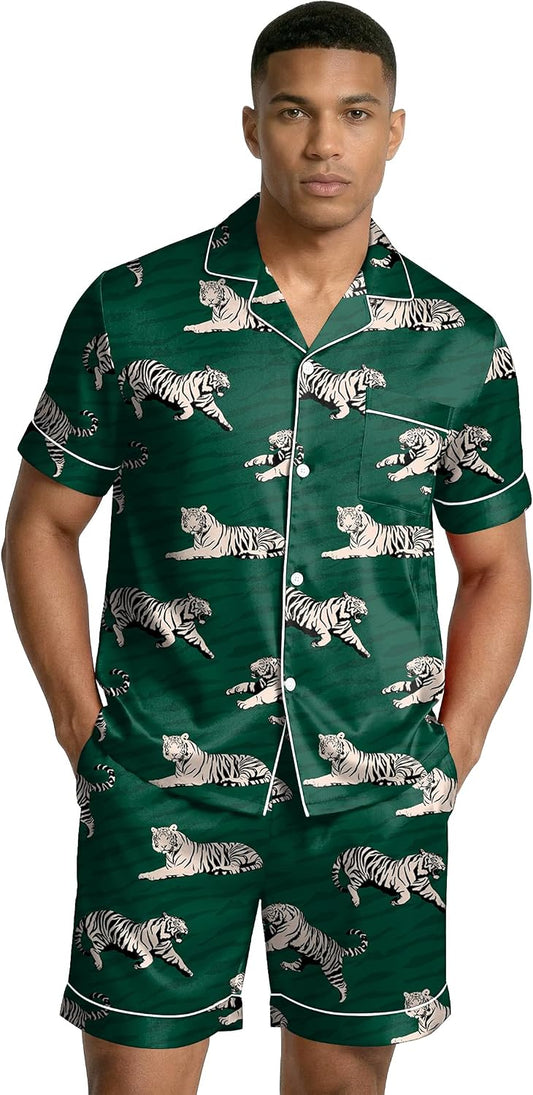 Ekouaer Mens Silk Satin Pajamas Set Short Sleeve Button Up Lounge Pjs Set