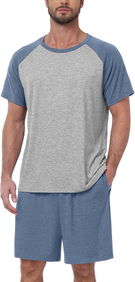MLXSJ Mens Pajama Set Summer Pjs Sleepwear Soft Sleep Set With Pocket S-3XL