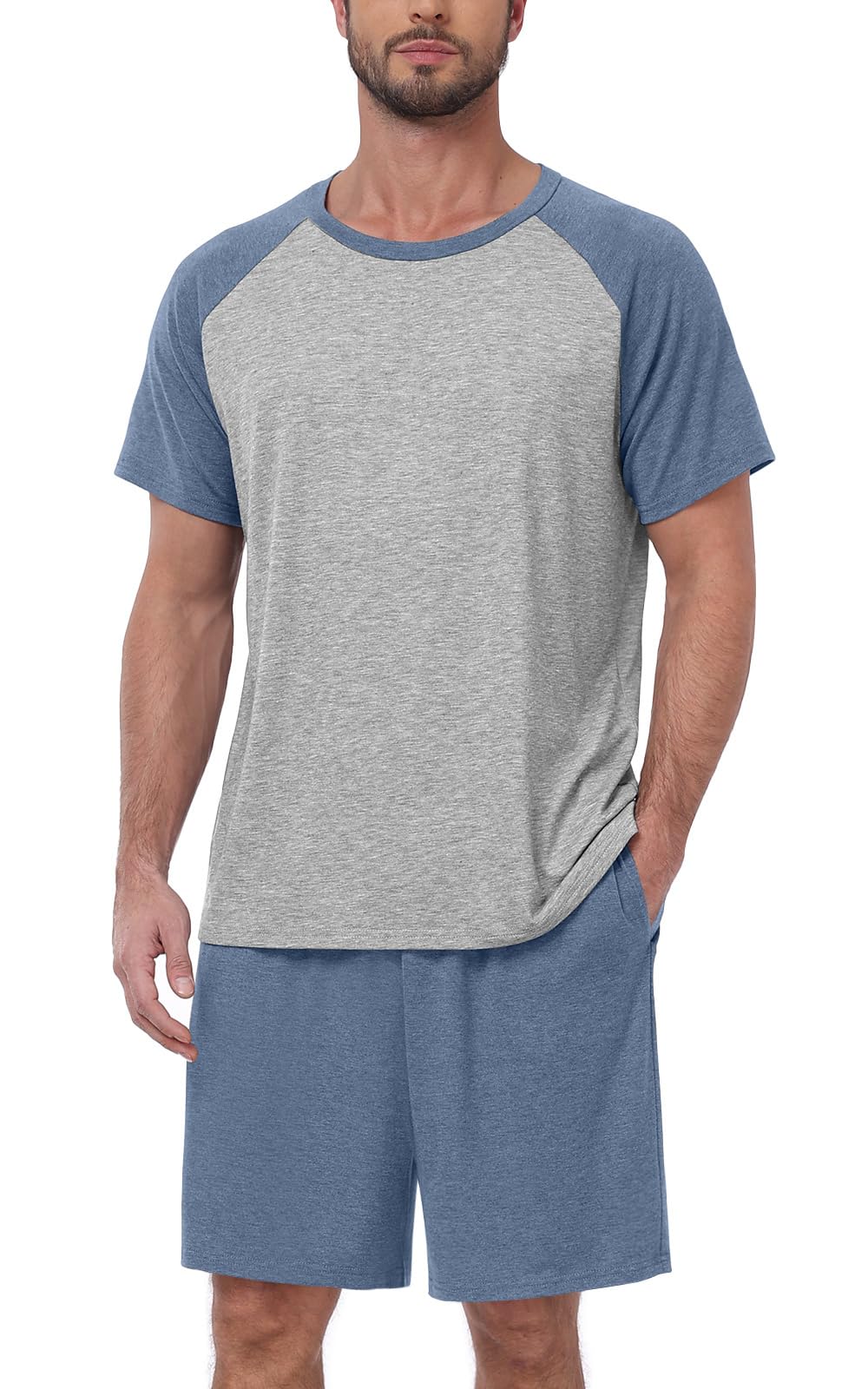 MLXSJ Mens Pajama Set Summer Pjs Sleepwear Soft Sleep Set With Pocket S-3XL