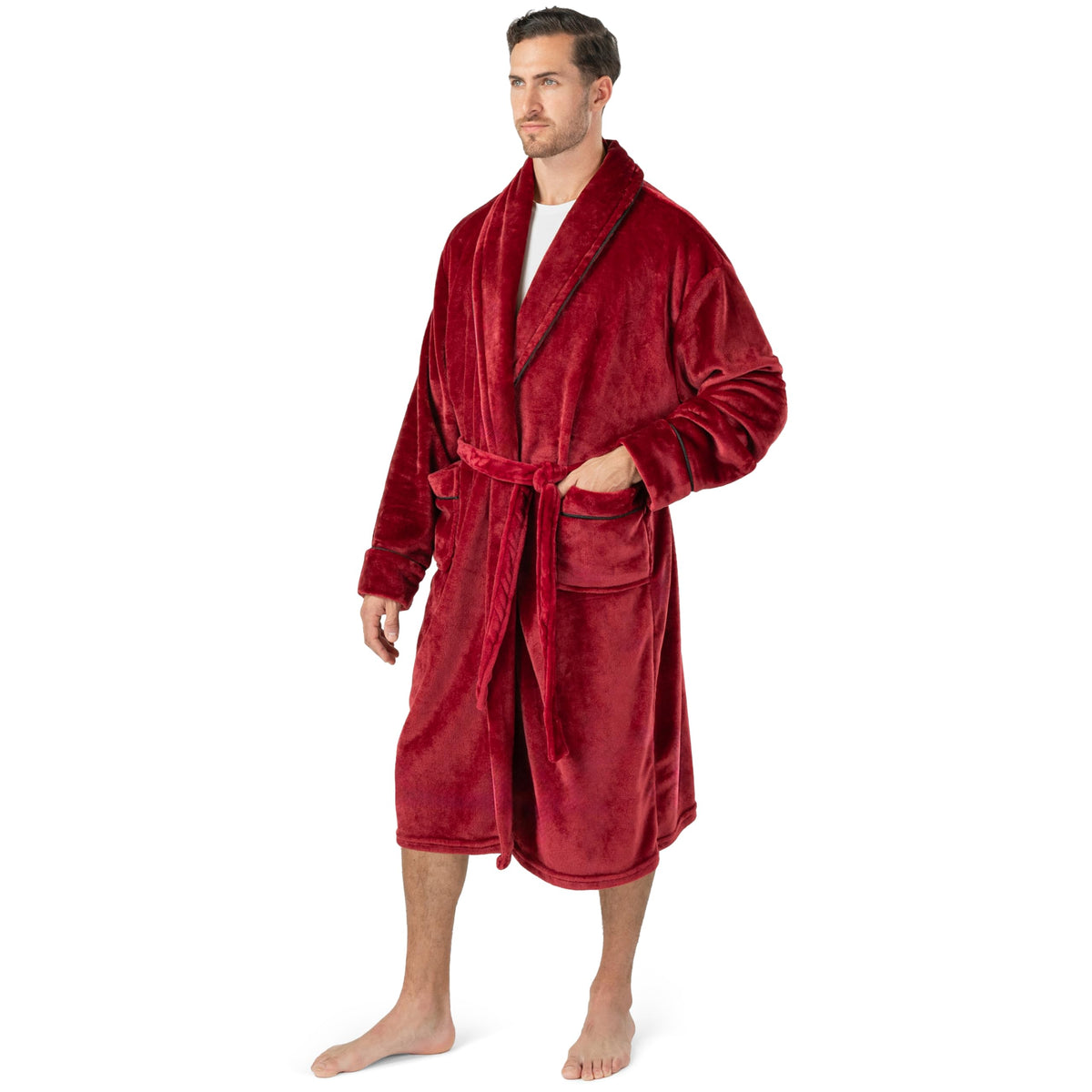 PAVILIA Soft Robe, Plush Warm Bathrobe for Men, Long Spa Bath Robe with Piping