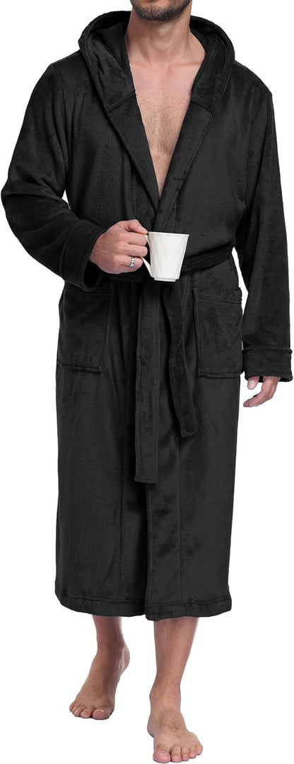 PrinStory Mens Hooded Robe Plush Fleece Robes Soft Long Bathrobe