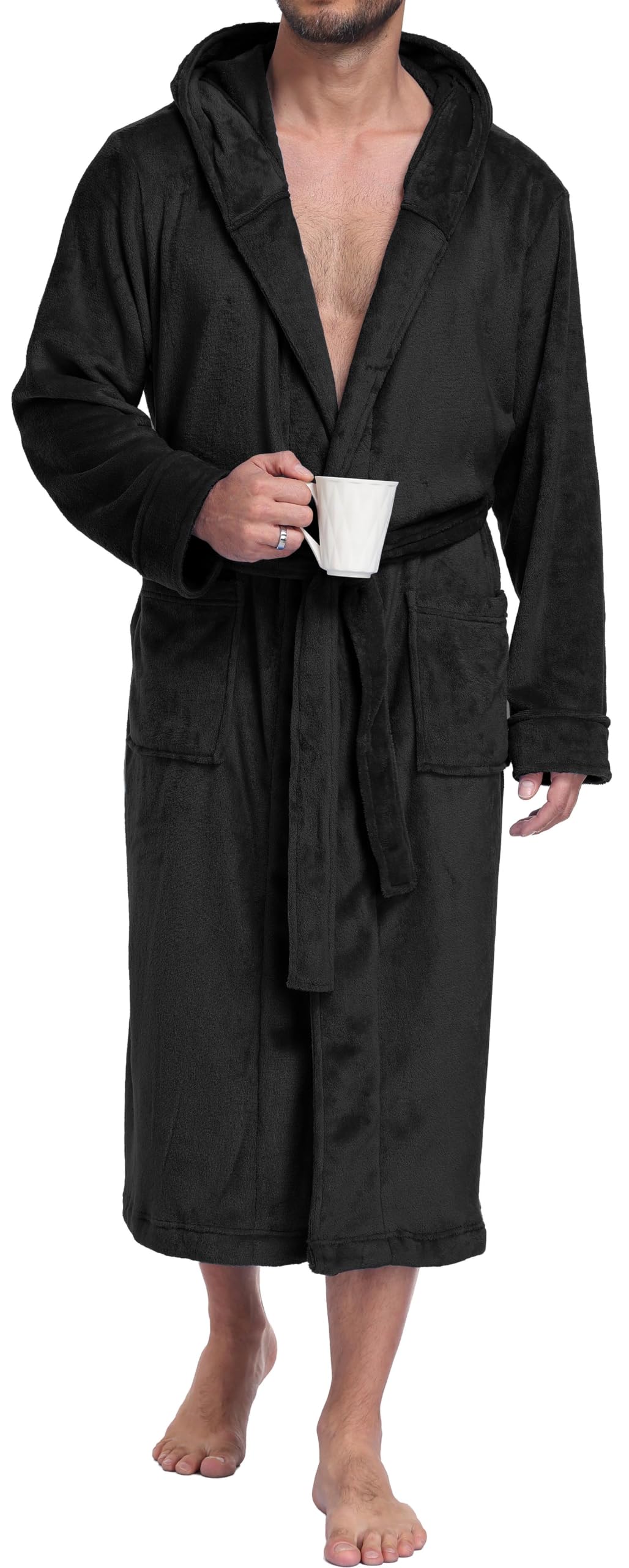 PrinStory Mens Hooded Robe Plush Fleece Robes Soft Long Bathrobe