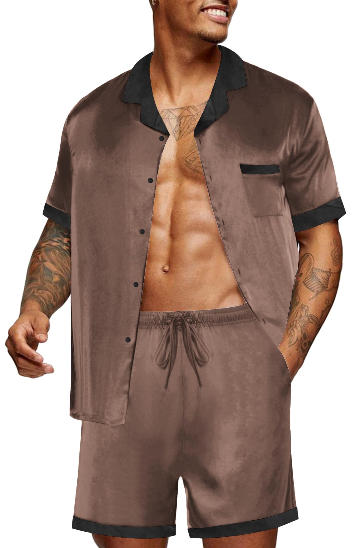 Ekouaer Men Silk Pajamas Set 2 Pieces Satin Pj Button Down Loungewear Sets