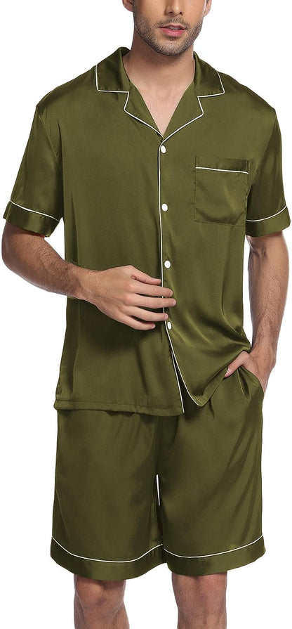 Ekouaer Couple Matching Pajamas Sets Silk Satin Button Sleepwear S-XXL