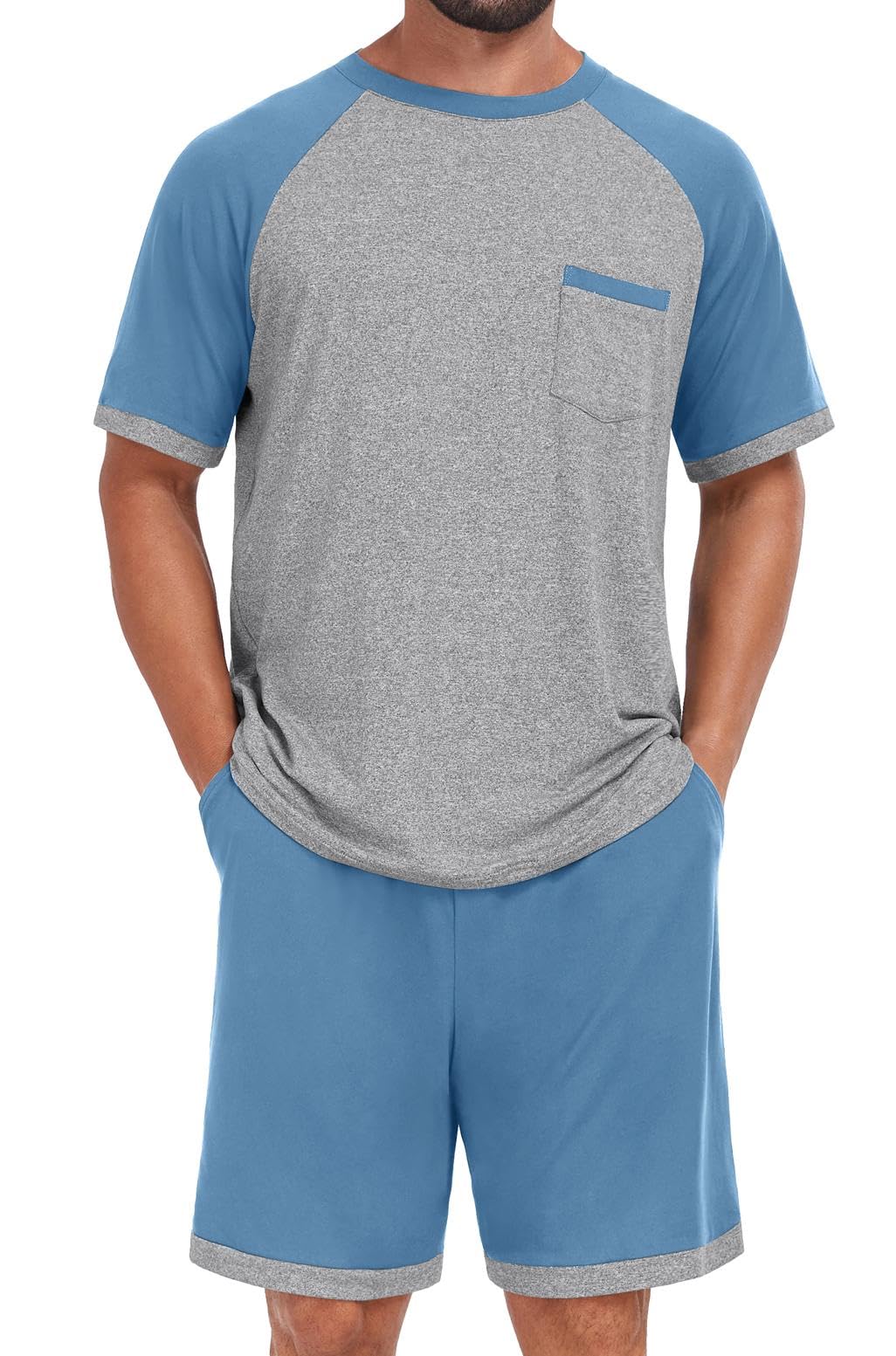 Mens Pajamas Set Shirt and Shorts Lightweight Summer Sleepwear