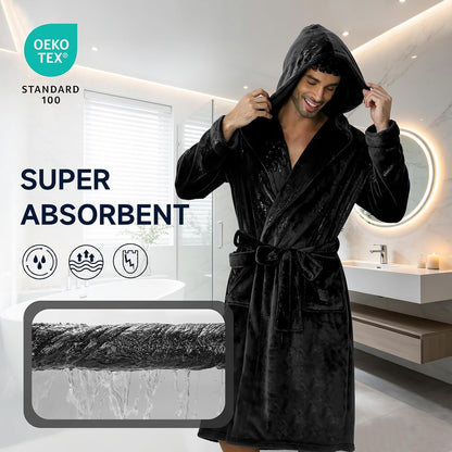 Men's Hooded Robe, Premium Plush Warm Bathrobe