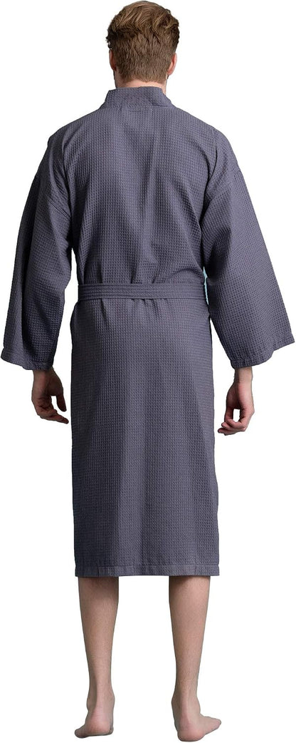 Men's Long Waffle Weave Kimono Bathrobe, 60% Cotton 40% Polyester