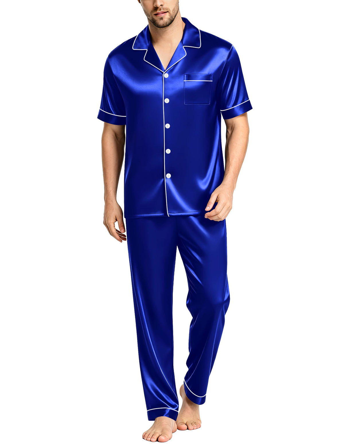 SWOMOG Mens Satin Pajama Set Short Sleeve Classic Sleepwear Button Down Silky Loungewear with Long Pants