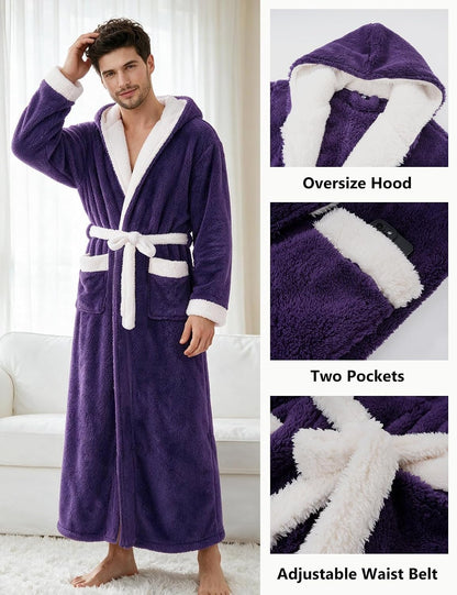 Flygo Mens Plush Hooded Robe Soft Fleece Full Length Bathrobe