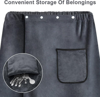 AOMIG Men's Towel Wrap with Pockets 80x150cm Large Grey Plush Soft Quick Dry Body Bath Towels Adjustable Towel Bathrobe