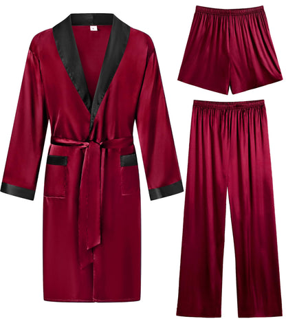 SWOMOG Men's 3 Pcs Robe Silk Satin Kimono Bathrobe with Shorts&Pants Set Lightweight Soft Sleepwear