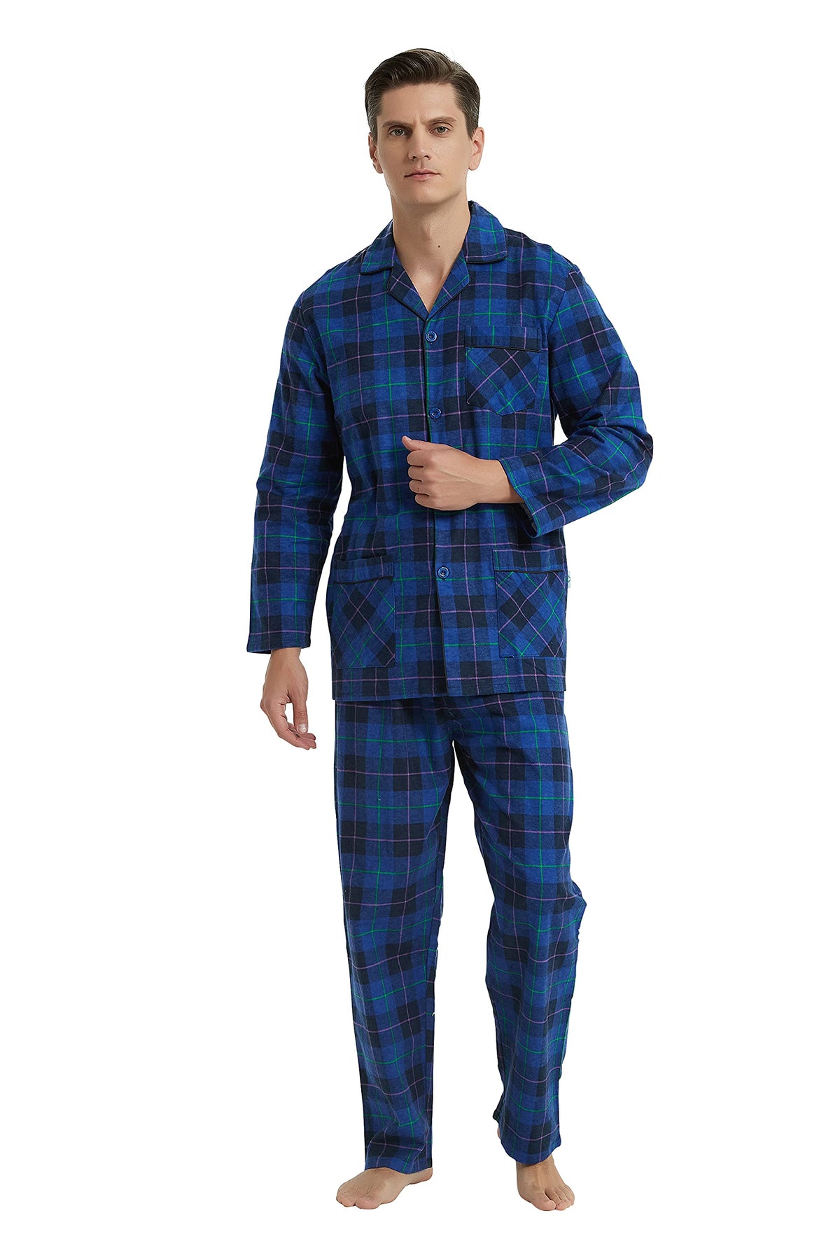 GLOBAL Men's Pajamas Sets 100% Cotton Flannel Sleepwear Long-Sleeve top & Bottom