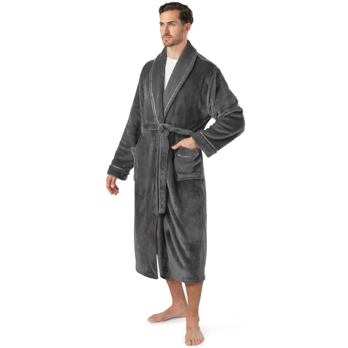 PAVILIA Mens Fleece Robe, Warm Bathrobe with Shawl Collar, Pockets & Belt
