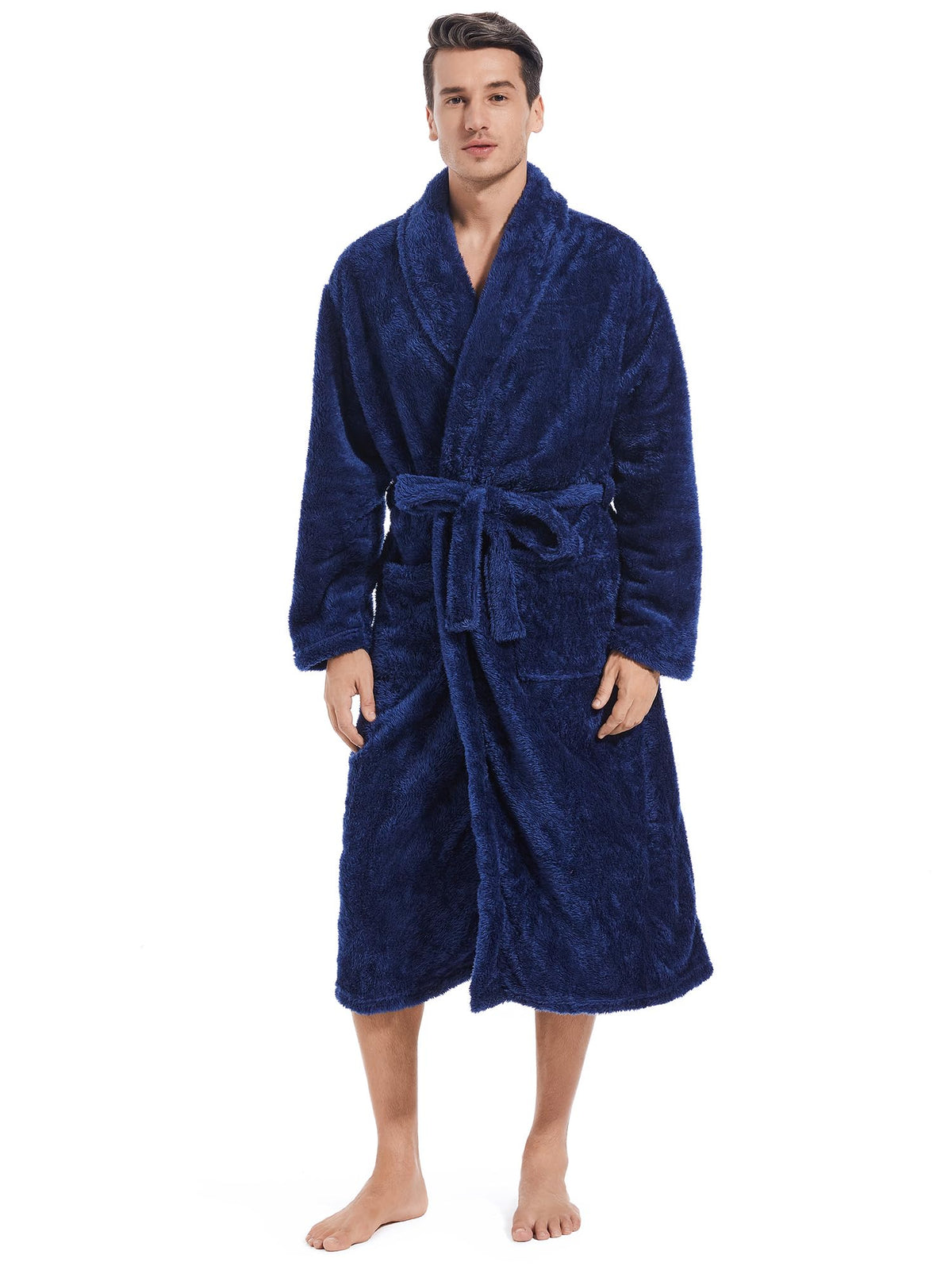 Inner Wish Mens Plush Fleece Robe, Highly Absorbent Cozy Warm Bathrobe Fuzzy Male Spa Long Robe With Pockets