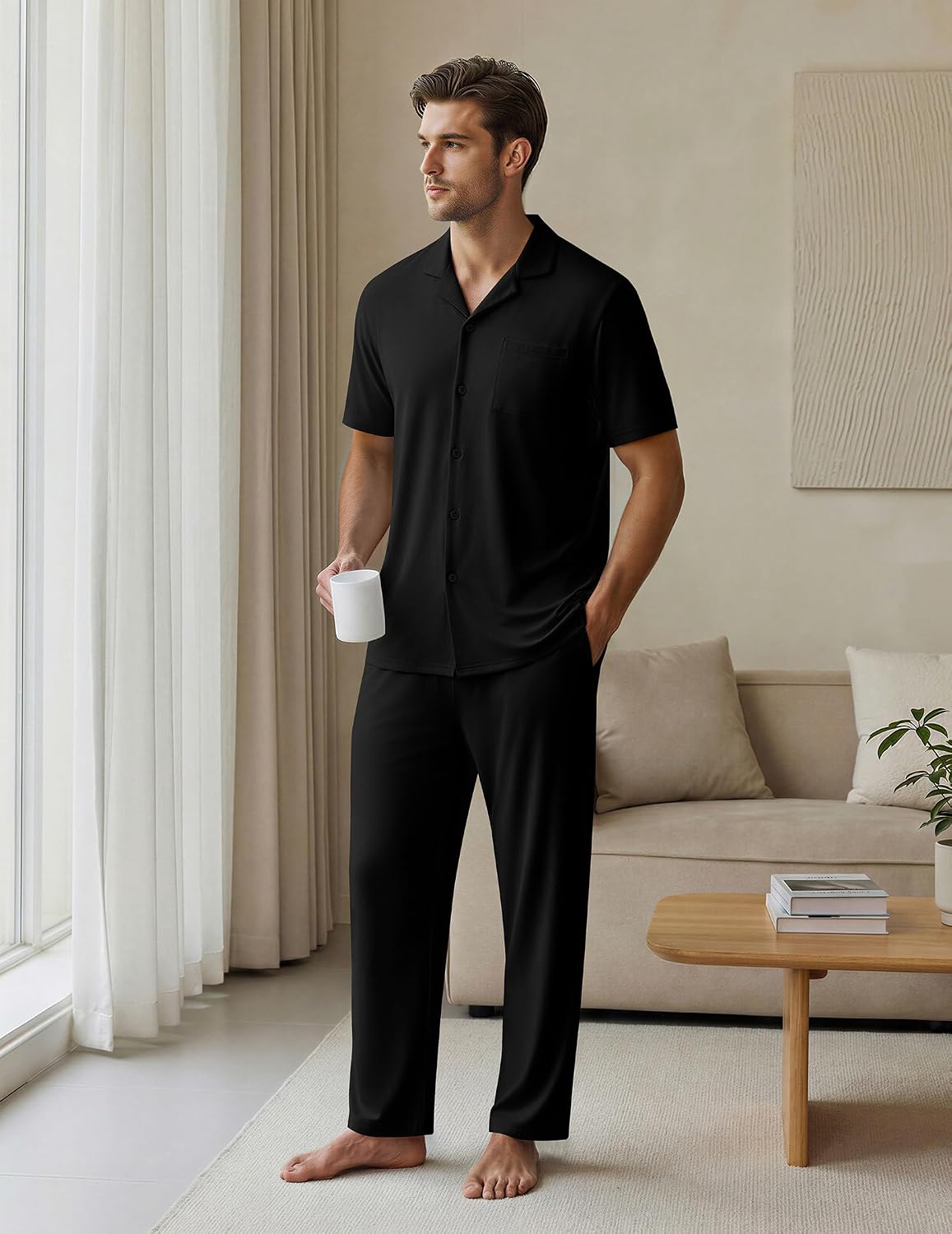 EKouear Mens Pajamas Set Button Down Short Sleeve Shirt Pjs with Long Pants