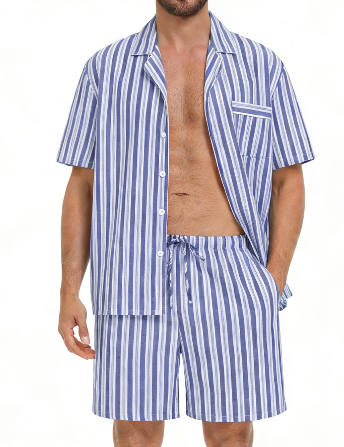 SWOMOG Mens 100% Cotton Pajama Set 2Pcs Button Down Pjs Set Short Sleeve Sleepwear with Pocket Soft Summer Stripe Nightwear