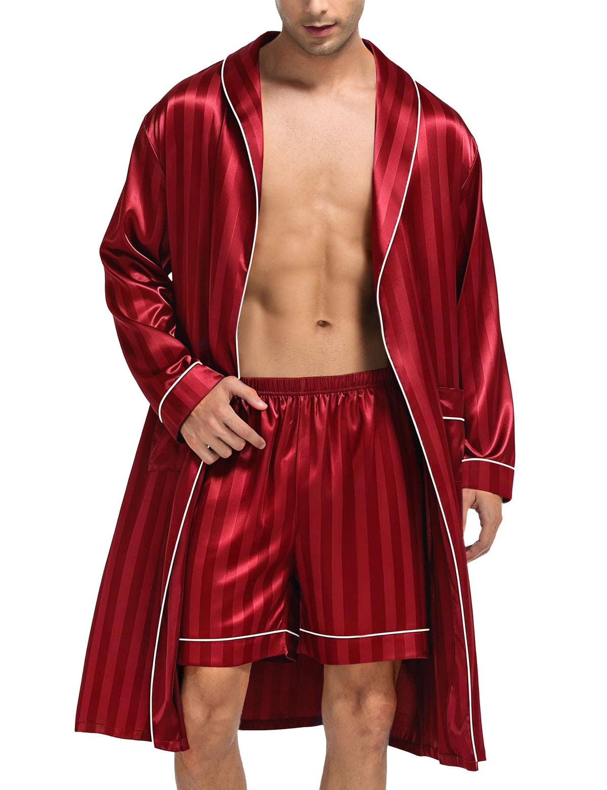 SWOMOG Men's Satin Robe Silky Kimono Bathrobe with Shorts Set Lightweight Soft Loungewear Nightwear