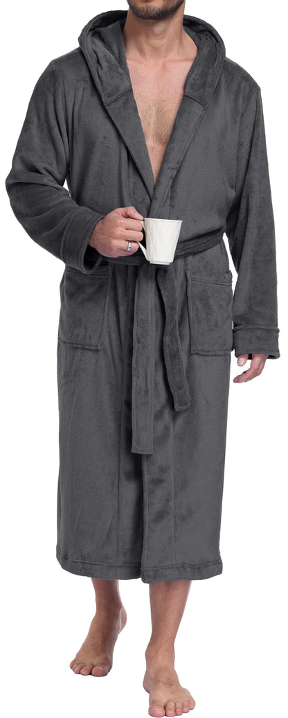 PrinStory Mens Hooded Robe Plush Fleece Robes Soft Long Bathrobe