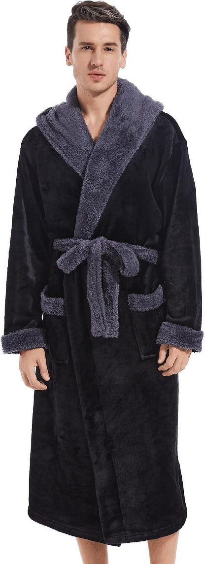 Inner Wish Mens Hooded Robe, Plush Long Highly Absorbent Bath robes Cozy Warm Bathrobe Fuzzy male Spa Robe With Pockets