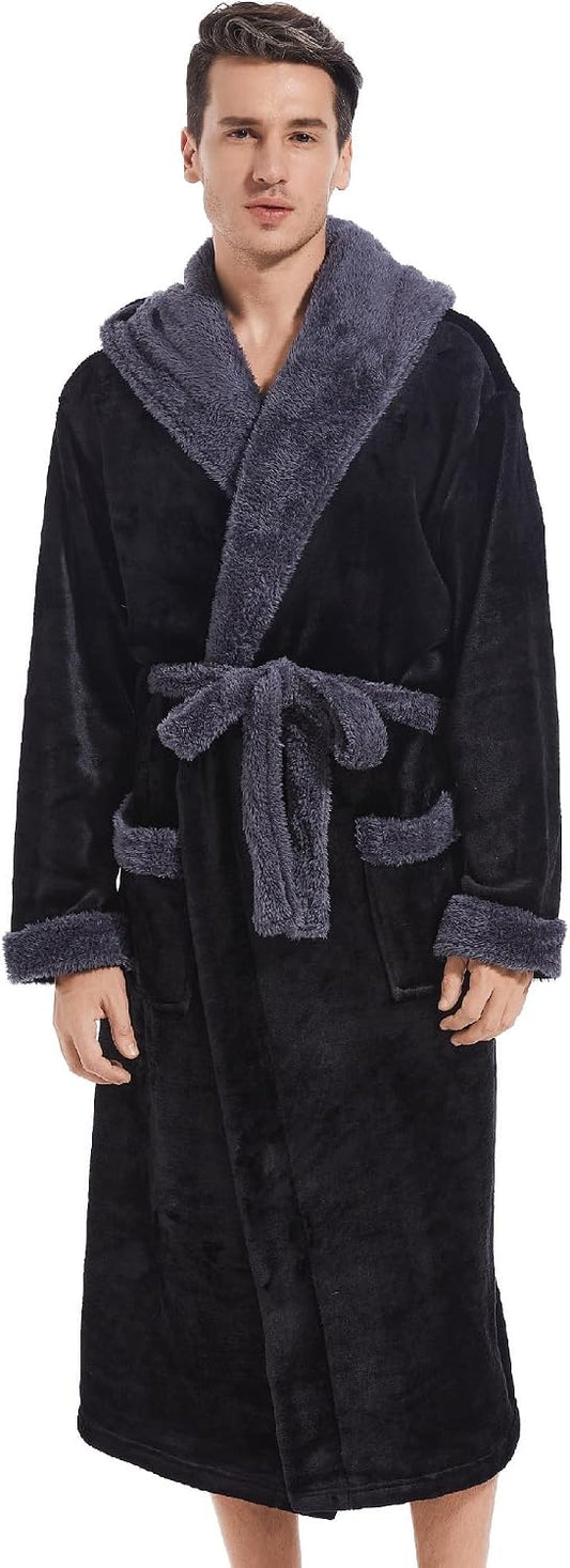 Inner Wish Mens Hooded Robe, Plush Long Highly Absorbent Bath robes Cozy Warm Bathrobe Fuzzy male Spa Robe With Pockets