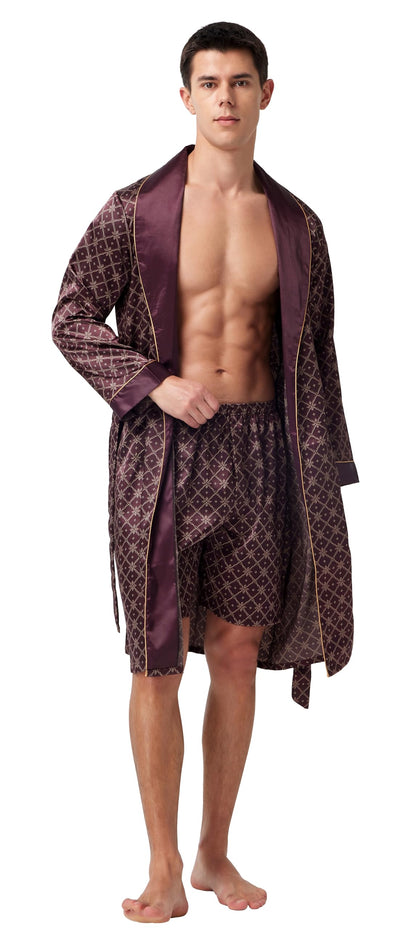 Mens Satin Robe Long Sleeve Silk Kimono Bathrobe with Shorts Set Sleepwear