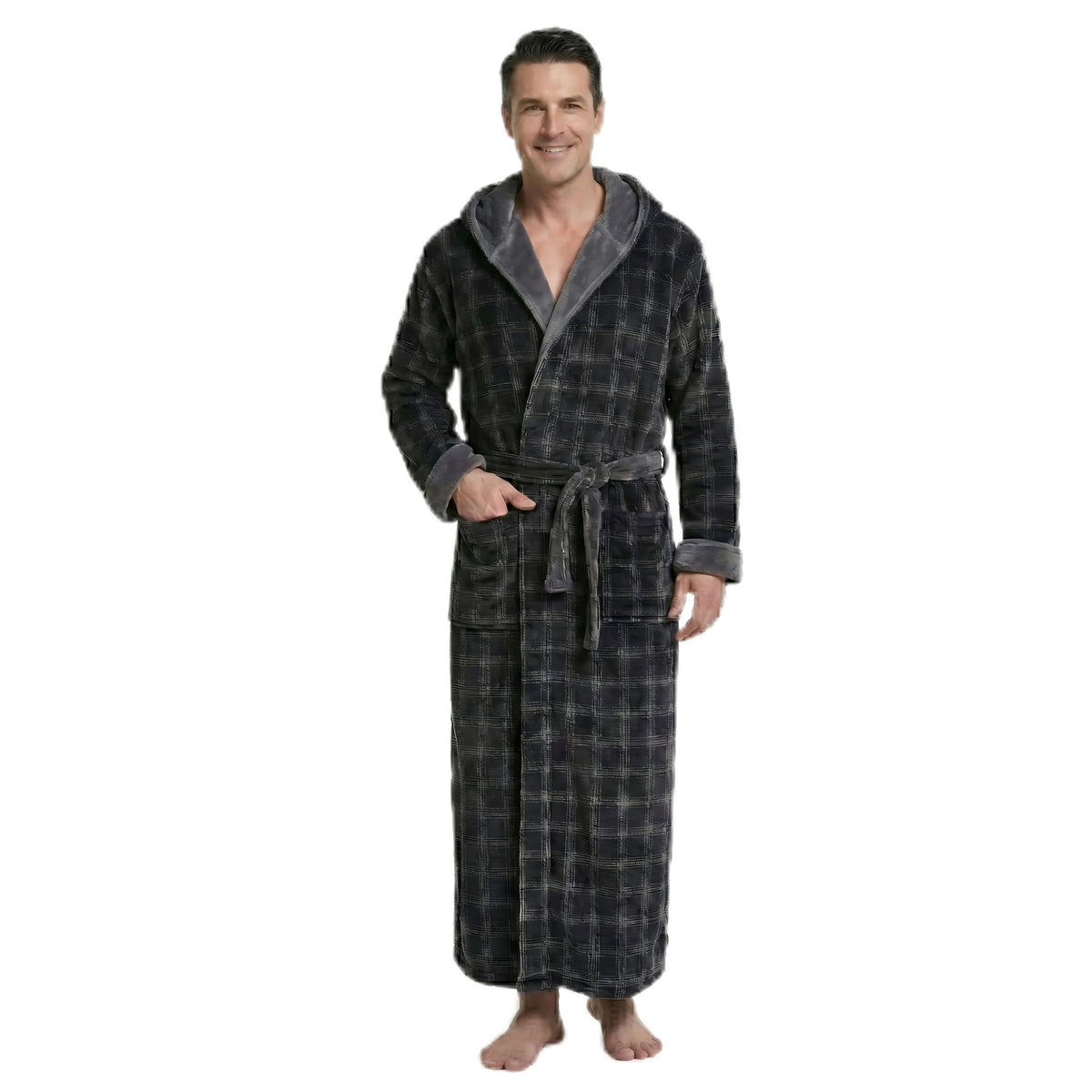 Cozy Plush Fleece Robe for Men, Big and Tall Hooded Long Robe, Warm Loungewear, Shawl Collar Pocketed Bathrobe