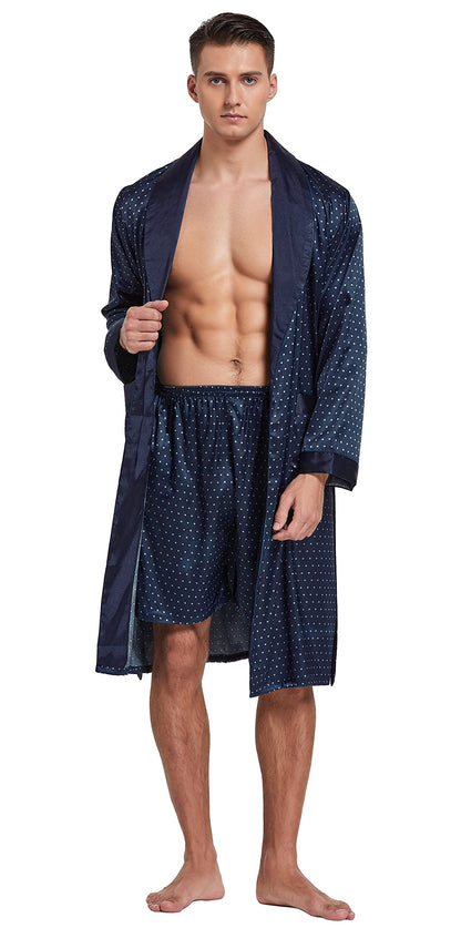 Mens Satin Robe Long Sleeve Silk Kimono Bathrobe with Shorts Set Sleepwear