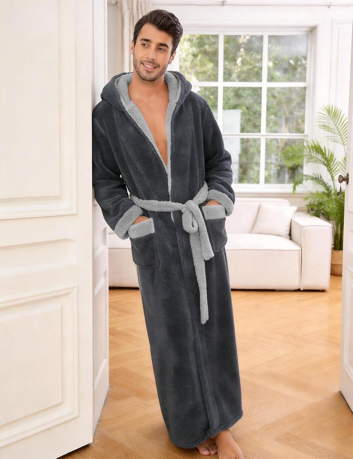 Kissonic Mens Hooded Robe Full Length Plush Warm Fluffy Winter Bathrobe