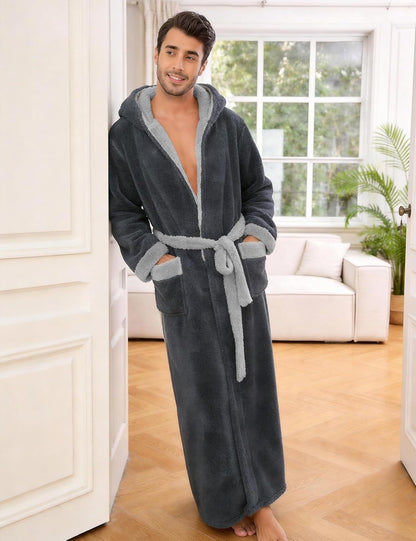 Kissonic Mens Hooded Robe Full Length Plush Warm Fluffy Winter Bathrobe