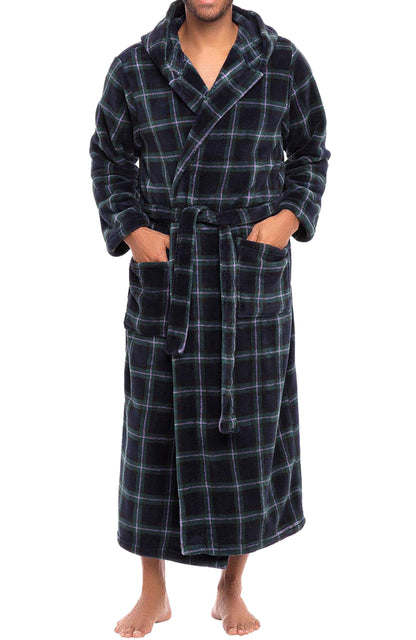 Men's Plush Fleece Hooded Robe with Pockets, Long Bathrobe