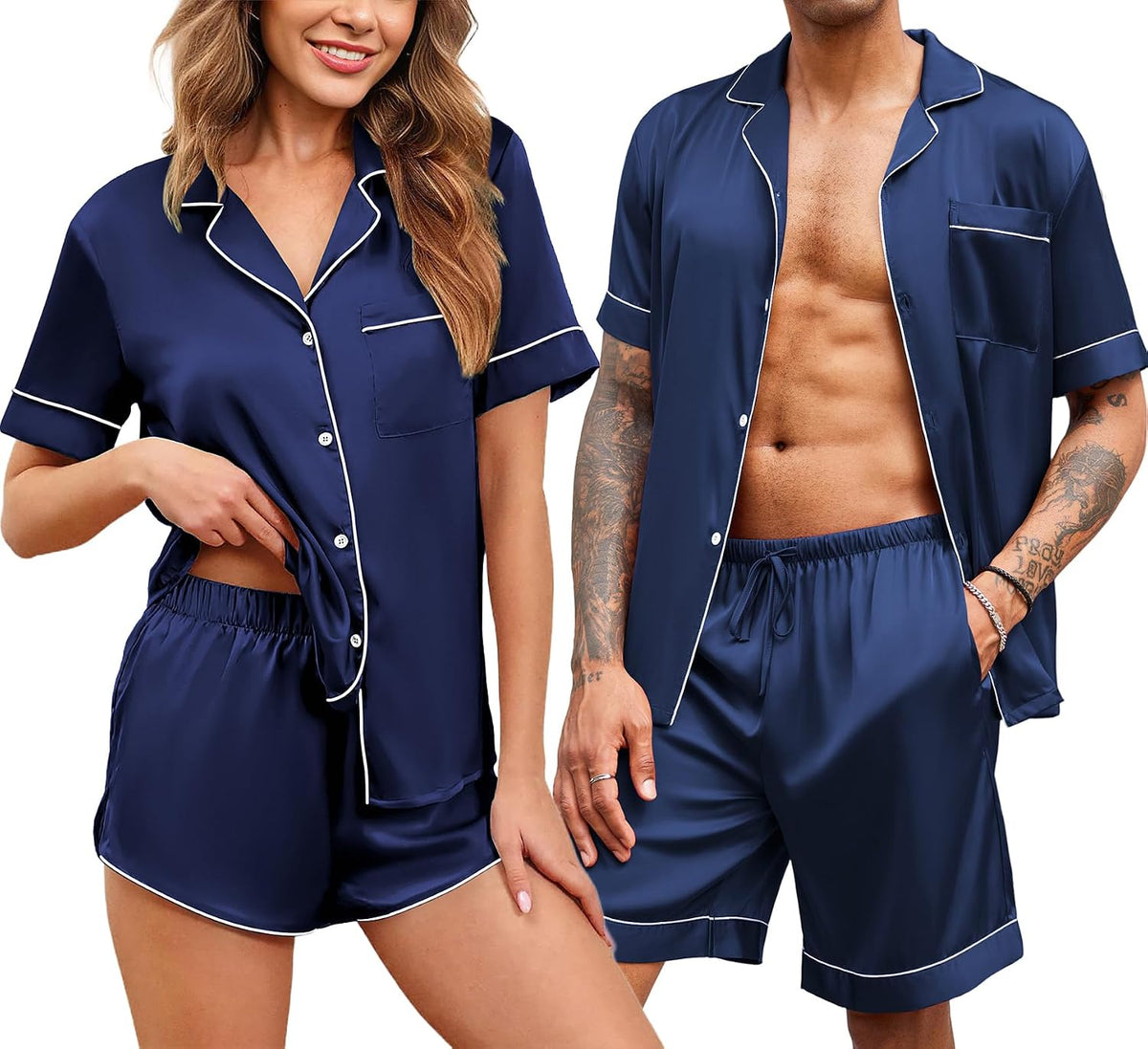 Ekouaer Couple Matching Pajamas Sets Silk Satin Button Sleepwear S-XXL