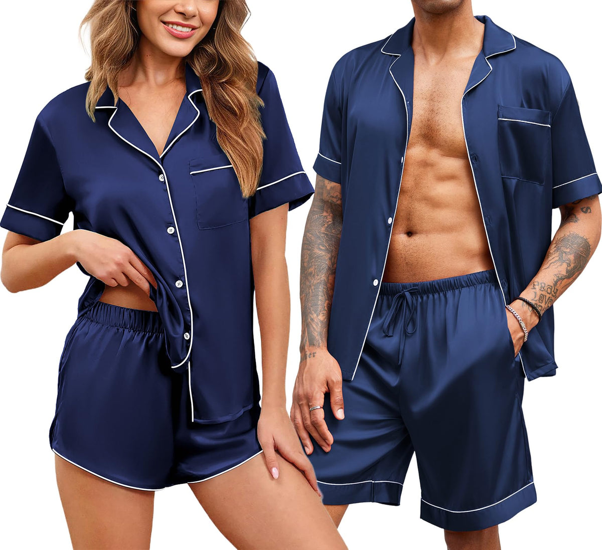 Ekouaer Couple Matching Pajamas Sets Silk Satin Button Sleepwear S-XXL